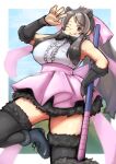  1girl ;q animal_ears arm_up armpits ass_visible_through_thighs back_bow bangs bare_shoulders bear_ears bear_paw_hammer bergman&#039;s_bear_(kemono_friends) black_bow black_eyes bow bowtie breast_pocket breasts buttons center_frills collared_shirt empty_eyes extra_ears frills fur_bracelet fur_trim grey_hair hair_bow hatch_(hatch_box) huge_bow kemono_friends large_breasts leg_lift long_hair looking_at_viewer miniskirt one_eye_closed parted_bangs pink_bow pocket shirt shoes sidelocks skirt sleeveless sleeveless_shirt smile solo standing standing_on_one_leg suspender_skirt suspenders swept_bangs taut_clothes taut_shirt thighhighs tongue tongue_out very_long_hair weapon white_shirt zettai_ryouiki 