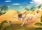  brown_eyes canid canine coconut_tree dessert duo fennec feral food fox fruit_tree hunting mammal mouse murid murine palm_tree plant rodent rukifox sand tree 