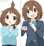  1girl absurdres age_progression blazer brown_hair castanets cynical_(llcbluckg_c004) hair_between_eyes hair_bobbles hair_ornament hairclip highres hirasawa_yui instrument jacket k-on! multiple_views open_mouth school_uniform short_hair short_ponytail signature smile split_screen tareme teeth upper_body upper_teeth younger 