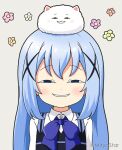  1girl angora_rabbit animal animal_on_head anya&#039;s_heh_face_(meme) bangs blue_bow blue_eyes blue_hair blue_vest bow collared_shirt commentary_request eyebrows_visible_through_hair floral_background gochuumon_wa_usagi_desu_ka? grey_background hair_ornament half-closed_eyes kafuu_chino long_hair looking_at_viewer meme mitya on_head parted_lips rabbit rabbit_house_uniform shirt simple_background smile spy_x_family tippy_(gochiusa) twitter_username uniform upper_body vest waitress white_shirt x_hair_ornament 