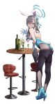  1girl :d absurdres animal_ears ass asuna_(blue_archive) asuna_(bunny)_(blue_archive) bare_shoulders black_legwear blue_archive blue_eyes blue_footwear blue_leotard blue_ribbon bottle breasts brown_hair chair cup drink drinking_glass duzizai elbow_gloves fake_animal_ears fake_tail flower from_behind gloves grin hair_over_one_eye hair_ribbon hairband halo high_heels highres large_breasts leaning_forward leotard long_hair looking_at_viewer looking_back official_alternate_costume pantyhose parted_lips playboy_bunny rabbit_ears rabbit_tail ribbon sideboob simple_background skindentation smile spread_fingers standing table tail thigh_strap vase waving white_background white_flower white_gloves white_hairband 