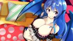  1girl animal_ears artist_request bangs bare_shoulders blanket blue_hair blue_scales blue_wings blush breasts cleavage couch game_cg gina_(monster_musume) hair_between_eyes lamia large_breasts long_hair looking_at_viewer midriff monster_girl monster_musume_no_iru_nichijou monster_musume_no_iru_nichijou_online navel official_art on_couch pillow pink_eyes pointy_ears smile solo wings 