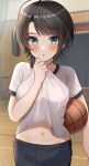  1girl :o absurdres alternate_costume ball bangs basketball basketball_court black_hair blue_eyes blush breasts clothes_lift commentary_request eyebrows_visible_through_hair gym gym_shorts gym_uniform highres hisui_(user_zvkr2432) holding holding_ball hololive indoors large_breasts lifted_by_self navel oozora_subaru parted_lips shirt shirt_lift short_hair shorts solo sweat swept_bangs t-shirt virtual_youtuber white_shirt 