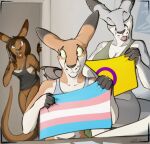  anthro audrey_(lizet) bottomless bra clothed clothing female group intersex_pride_colors kangaroo lgbt_pride lizet macropod mammal marsupial pouch_(anatomy) pride_color_flag pride_colors shirt sports_bra tongue tongue_out topwear transgender_pride_colors trio tyroo_(character) underwear 