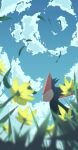  blurry cloud commentary_request day dragapult falling_leaves from_below grass highres leaf mo_(smileomoti) no_humans outdoors pokemon pokemon_(creature) sky solo 