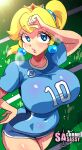  1girl arm_up ass bangs blonde_hair blue_eyes blue_shirt breasts covered_navel crown earrings field grass gym_shorts hand_on_hip highres huge_breasts jewelry large_breasts lips looking_at_viewer open_mouth parted_lips ponytail princess_peach sasa_tseng shirt short_shorts shorts sportswear steam super_smash_bros. sweat t-shirt wiping_forehead wiping_sweat 