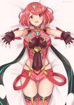  1girl absurdres ass_visible_through_thighs bangs black_gloves breasts chest_jewel earrings fingerless_gloves gem gloves headpiece highres jewelry large_breasts pyra_(xenoblade) red_eyes red_hair red_legwear red_shorts ryochan96154 short_hair short_shorts shorts solo swept_bangs thighhighs tiara xenoblade_chronicles_(series) xenoblade_chronicles_2 