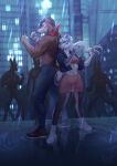  2022 5_fingers anthro breasts canid canine city clothed clothing day detailed_background digital_media_(artwork) female fingers hair hi_res male mammal midriff outside plgdd raining smile white_hair 