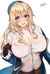  1girl artist_name atago_(kancolle) beret black_gloves black_legwear blonde_hair blue_headwear breasts eyebrows_visible_through_hair gloves green_eyes hair_between_eyes hat highres jacket kantai_collection large_breasts long_hair looking_at_viewer military military_uniform miyako_(rgrayt) no_bra open_clothes open_jacket open_mouth pantyhose see-through simple_background skirt solo spread_legs sweatdrop uniform white_background 
