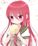  1girl absurdres bangs blush bread food highres holding holding_food long_hair looking_down melon_bread neck_ribbon nekomura_yuyuko parted_lips puffy_short_sleeves puffy_sleeves red_eyes red_hair ribbon school_uniform serafuku shakugan_no_shana shana short_sleeves solo 