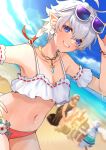  13_(spice!!) 1girl 2boys alisaie_leveilleur alphinaud_leveilleur antenna_hair bangs bare_shoulders beach bikini blue_eyes blurry blurry_background braid breasts cleavage cloud collarbone commentary cowboy_shot day detached_sleeves dutch_angle earclip earrings elezen elf eyewear_on_head final_fantasy final_fantasy_xiv frilled_bikini frills grin hand_on_eyewear hand_on_hip highres jewelry lens_flare looking_at_viewer low_ponytail medium_hair midriff multiple_boys navel necklace ocean outdoors pointy_ears sand_castle sand_sculpture single_braid single_earring sky smile solo_focus standing summer sunglasses swimsuit urianger_augurelt water wet white_hair 