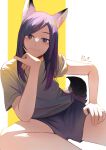  1girl :3 animal_ear_fluff animal_ears bangs blush eden_(eden871225) elbow_rest fox_ears fox_girl fox_tail hand_on_own_chin hand_on_own_thigh head_rest highres long_hair looking_at_viewer original parted_bangs purple_eyes purple_hair shirt short_sleeves shorts signature sitting slit_pupils smile solo t-shirt tail thick_eyebrows 