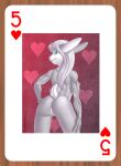  2021 anthro blue_eyes brian_mcpherson butt card cynthia_(brian_mcpherson) female genitals grey_body hair hand_on_butt heart_pattern lagomorph leporid long_hair looking_at_viewer looking_back mammal muscular muscular_female nipples playing_card presenting presenting_hindquarters pussy rabbit rear_view smile smiling_at_viewer solo white_hair 