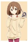  2girls animal_ears black_hair brown_eyes brown_hair cat_ears chibi hair_between_eyes hair_ornament hairclip hirasawa_yui holding_person k-on! kemonomimi_mode ma-2_(konkon_kitakitsune) minigirl multiple_girls nakano_azusa off_shoulder pants red_pants short_hair simple_background smile sweater twintails 