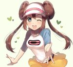  1girl ;d bangs blush bow breasts bright_pupils brown_hair commentary_request double_bun eyelashes hair_bun happy heart highres long_hair looking_at_viewer nasakixoc one_eye_closed open_mouth pink_bow pokemon pokemon_(game) pokemon_bw2 raglan_sleeves rosa_(pokemon) short_shorts shorts smile solo spread_fingers teeth twintails upper_teeth visor_cap white_pupils yellow_shorts 