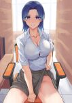  1girl blue_eyes blue_hair blush breasts brown_skirt chair cleavage clothes_lift collarbone eyebrows_visible_through_hair feet_out_of_frame highres kamiya_(kawaii_dake_ja_nai_shikimori-san) kawaii_dake_ja_nai_shikimori-san light_smile long_hair looking_at_viewer medium_breasts mikame_v2 no_panties open_mouth shirt sitting skirt skirt_lift solo teeth white_shirt 