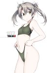  1girl ass character_name closed_mouth collarbone cowboy_shot green_eyes green_sports_bra grey_hair groin hair_between_eyes hair_ribbon kantai_collection long_hair navel ribbon shigino_sohuzi simple_background solo sports_bra sportswear twintails white_background white_ribbon zuikaku_(kancolle) 