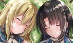  2girls ascot atago_(kancolle) black_hair blonde_hair close-up closed_eyes hair_between_eyes highres kantai_collection long_hair mashiro_yukiya multiple_girls short_hair sidelocks sleeping takao_(kancolle) white_ascot 