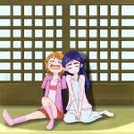  2girls closed_eyes closed_mouth commentary_request drooling futari_wa_precure green0green2001 kneeling leaning_on_person misumi_nagisa multiple_girls on_floor open_mouth precure shaded_face sleeping sleeping_upright yukishiro_honoka 