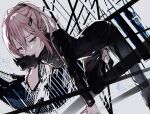  1girl biting black_footwear black_gloves g.g.lemon glove_biting gloves guilty_crown hair_between_eyes hair_ornament hairclip half-closed_eyes long_hair looking_at_viewer pink_eyes pink_hair single_glove sleeves_rolled_up solo yuzuriha_inori 