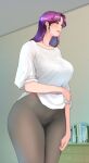  1girl bangs breasts camisole circle_monshiro commentary_request cowboy_shot grey_pants large_breasts lips long_hair mature_female original panties_under_leggings pants parted_bangs plump purple_hair red_eyes shirt solo thick_thighs thighs white_shirt wide_hips yoga_pants 