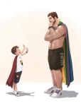  2boys bandaid bandaid_on_face bandaid_on_nose bara black_shorts bracelet brown_hair cape chest_hair child closed_mouth facial_hair father_and_son highres jewelry jojiart large_pectorals leg_hair lgbt_pride looking_at_another male_child multiple_boys muscular muscular_male open_mouth original pectorals red_cape shirt short_hair shorts smile topless_male white_shirt 