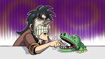  1boy big_nose black_hair brown_jacket crocodile crocodilian itou_kaiji jacket kaiji long_sleeves nervous open_mouth playing shirt short_hair sleeves_rolled_up solo steve_yurko toy trembling 