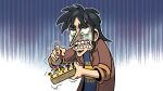  1boy big_nose black_hair itou_kaiji kaiji long_sleeves nervous open_mouth playing shirt short_hair sleeves_rolled_up solo steve_yurko trembling 