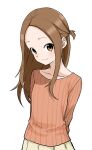  1girl brown_eyes brown_hair forehead highres karakai_jouzu_no_takagi-san long_hair long_sleeves looking_at_viewer red_sweater simple_background skirt smile solo sweater takagi-san white_background white_skirt yamamoto_souichirou 