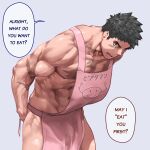  1boy abs alchemy_stars apron bara black_hair highres large_pectorals male_focus muscular muscular_male naked_apron navel open_mouth pectorals pink_apron pittman_(alchemy_stars) riegaiestige scar scar_on_arm scar_on_cheek scar_on_chest scar_on_face short_hair solo thighs 