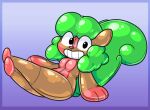  animate_inanimate anthro brown_body female foamytail glistening glistening_body green_body green_hair hair hi_res inflatable living_inflatable looking_at_viewer mammal pool_toy raised_leg red_body relaxing rodent sciurid simple_background sitting smile solo 