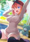  1girl arm_up black_legwear blue_eyes blurry blurry_background breasts drooling go-toubun_no_hanayome green_hairband hairband kitahara_tomoe_(kitahara_koubou) large_breasts long_sleeves looking_at_viewer nakano_yotsuba one_eye_closed open_mouth orange_hair ribbed_sweater saliva short_hair sitting solo speech_bubble stuffed_animal stuffed_toy sweater teddy_bear teeth thighhighs thighs white_sweater window yawning 