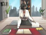  anthro businesswear chiropteran city cityscape clothed clothing desk detailed_background digital_media_(artwork) fur furniture gynomorph hair intersex looking_at_viewer mammal noelleneko smile solo table 