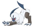  absol absurd_res blush claws clothing female feral footwear fur hi_res lingerie mr_fuwa nintendo pok&eacute;mon pok&eacute;mon_(species) raised_tail red_eyes simple_background socks solo stretching thick_thighs video_games white_body white_fur 