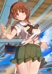  1girl aquaegg blush breasts brown_eyes brown_hair closed_mouth eyebrows_visible_through_hair girls_und_panzer green_skirt highres large_breasts looking_at_viewer miniskirt navel nishizumi_miho ooarai_school_uniform pleated_skirt school_uniform shiny shiny_hair shiny_skin short_hair skirt smile solo 