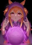  1girl :o absurdres animal_ears bangs bead_necklace beads commentary_request crystal_ball eyebrows_visible_through_hair fingernails highres hood hoodie horse_ears horse_girl jewelry long_hair looking_at_viewer mayano_top_gun_(umamusume) necklace open_mouth orange_hair pizza_(pizzania_company) purple_hoodie red_eyes solo two_side_up umamusume 