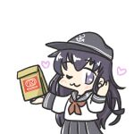  1girl akatsuki_(kancolle) anchor_symbol bag black_sailor_collar black_shirt chibi ferretsan7 flat_cap hair_between_eyes hat kantai_collection long_hair messy_hair neckerchief paper_bag pleated_skirt purple_eyes purple_hair red_neckerchief sailor_collar school_uniform serafuku shirt simple_background skirt solo upper_body white_background 