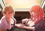  2girls ahoge azur_lane baltimore_(after-school_ace)_(azur_lane) baltimore_(azur_lane) black_necktie blue_nails braid breasts bremerton_(azur_lane) brown_hair cardigan cardigan_around_waist cleavage clothes_around_waist collared_shirt french_braid grey_hair hand_on_own_cheek hand_on_own_face huge_breasts indoors j_ackove_r looking_at_another loose_necktie medium_hair multicolored_hair multiple_girls nail_polish nail_polish_bottle necktie official_alternate_costume painting_nails partially_unbuttoned pink_eyes pink_hair pink_nails school_uniform shirt short_sleeves sitting streaked_hair tied_sweater twintails two-tone_hair yellow_eyes 