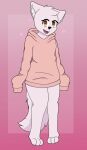  &lt;3 anthro baggy_clothing brown_eyes canid canine canis clothed clothing digital_media_(artwork) eyelashes female fur hi_res hoodie humanoid looking_at_viewer mammal open_mouth oversized_hoodie oversized_sleeves pink_body pink_clothing pink_fur shaded simple_background smile solo solo_focus standing tongue topwear wolf 