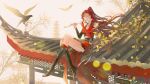  absurdres bare_tree bi_ting_(xia_lan) bird black_footwear closed_eyes dress flute highres instrument jewelry leaf long_hair necklace open_mouth pagoda ponytail red_dress red_hair rooftop sash sitting teeth tree twig xia_lan xia_lan_bi_ting_chao_hua yellow_sky 