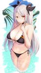  1girl absurdres antenna_hair azur_lane bare_arms bare_shoulders bikini black_bikini black_choker black_ribbon blush breasts choker collarbone commentary_request eyebrows_visible_through_hair finger_to_mouth hair_ribbon hand_up highres large_breasts long_hair looking_at_viewer multicolored_hair navel official_alternate_costume partial_commentary prinz_eugen_(azur_lane) prinz_eugen_(unfading_smile)_(azur_lane) red_hair ribbon side-tie_bikini smile solo standing stomach streaked_hair swimsuit thighs two_side_up very_long_hair wading water white_hair yellow_eyes yumemin_(yumemi5140) 