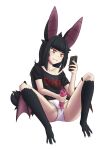  1girl absurdres animal_ears bags_under_eyes bat_ears bat_girl bat_wings batatvideogames black_hair black_nail_polish clothed_masturbation controller fangs feet game_controller highres indie_virtual_youtuber long_hair looking_at_phone masturbation moriko_kyoho no_pants non-web_source panties phone shirt solo spread_legs sweat t-shirt tired_eyes underwear virtual_youtuber white_panties wii_remote wings 