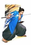  1boy branch commentary_request fighting_stance holding holding_sheath holding_weapon japanese_clothes jidaigeki katana kiryuu_kazuma light male_focus manly otamot outdoors outside_border pectoral_cleavage pectorals ponytail running ryuu_ga_gotoku ryuu_ga_gotoku_isshin sakamoto_ryoma_(isshin) samurai sandals sheath shinsengumi shiny standing sword weapon white_background 