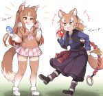  +++ 2girls :d animal_ear_fluff animal_ears apple bangs blunt_bangs brown_eyes brown_hair brown_legwear commentary_request cosplay costume_switch eating extra_ears eyebrows_visible_through_hair fang food food_on_face fruit full_body fur-trimmed_skirt fur-trimmed_vest fur_trim gradient gradient_legwear hair_between_eyes highres holo holo_(cosplay) japanese_wolf_(kemono_friends) japanese_wolf_(kemono_friends)_(cosplay) japari_bun kemono_friends long_sleeves multiple_girls open_mouth plaid plaid_skirt pleated_skirt simple_background skirt smile spice_and_wolf tail tanaka_kusao thighhighs trait_connection translation_request vest wheat white_background wolf_ears wolf_girl wolf_tail yellow_eyes zettai_ryouiki 
