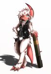  2022 absol absurd_res ambiguous_gender belt biped black_nose blue_eyes bottomless chest_tuft claws clothed clothing digital_media_(artwork) elbow_tuft eyebrows finger_claws fur hair hi_res knoxisnotdead looking_at_viewer nintendo one_eye_closed pok&eacute;mon pok&eacute;mon_(species) ranged_weapon red_body red_claws red_eyebrows red_fur rocket_launcher semi-anthro shadow shiny_pok&eacute;mon shoulder_tuft signature simple_background solo toe_claws topwear tuft vest video_games weapon white_background white_body white_fur white_hair wink 