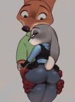  anthro butt butt_grab canid canine clothed clothing disney duo female fox fur green_eyes grey_body grey_fur hand_on_butt hi_res judy_hopps lagomorph leporid looking_at_viewer looking_back looking_back_at_viewer male male/female mammal nick_wilde police_uniform qupostuv35 rabbit simple_background smile smiling_at_viewer uniform zootopia 