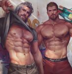 2boys abs absurdres aenaluck artist_name audec_(aenaluck) bara bare_pectorals beard blonde_hair blue_eyes brown_eyes chest_hair closed_mouth clothes_lift facial_hair grey_hair grey_pants grey_shirt highres holding holding_water_gun large_pectorals lifted_by_self looking_at_viewer male_focus male_swimwear manly master_(aenaluck) multiple_boys muscular muscular_male navel navel_hair nipples original pants pectorals red_male_swimwear shirt shirt_lift short_hair smile toy_gun water_gun 