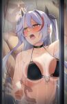  1girl 4tb_(4tera_byte) against_glass anchor_symbol azur_lane bald bikini black_bikini black_choker blush breast_press breasts breasts_on_glass choker clothed_female_nude_male faceless faceless_male from_outside full-face_blush grey_hair hair_between_eyes hand_on_glass hetero highres implied_sex long_hair mole mole_on_breast multicolored_hair nude official_alternate_costume open_mouth prinz_eugen_(azur_lane) prinz_eugen_(unfading_smile)_(azur_lane) red_hair saliva saliva_trail sex sex_from_behind shower_(place) solo standing standing_sex steam streaked_hair string_bikini swimsuit tongue torso_grab two-tone_hair upper_body yellow_eyes 