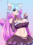  1girl animal_ears bare_shoulders bebatch biting black_gloves black_skirt blue_eyes blue_hair blue_nails blush breasts cleavage commentary eyebrows_visible_through_hair fingerless_gloves flower gloves hair_flower hair_ornament highres large_breasts long_hair multicolored_hair multicolored_nails navel one_eye_closed patreon_logo purple_hair purple_nails signature silvervale skirt solo tail teeth twitter_logo virtual_youtuber vshojo wolf_girl wolf_tail 