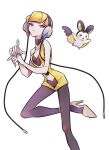  1girl bangs bare_arms blonde_hair blunt_bangs breasts brown_legwear choker cleavage closed_mouth collarbone commentary_request ebichi_(mon600n) elesa_(pokemon) emolga eyelashes hands_up headphones high_heels highres leg_up nail_polish pantyhose pokemon pokemon_(creature) pokemon_(game) pokemon_bw purple_eyes short_hair smile white_background yellow_footwear 